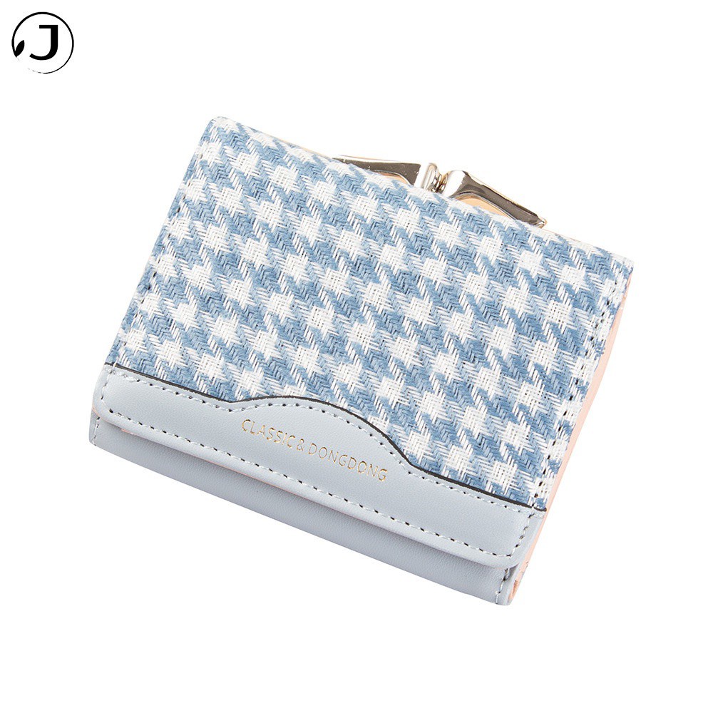 KAITIFEI Ví nữ bỏ túi Houndstooth nhiều ngăn canvas dáng ngắn gập cầm tay mini họa tiết kẻ sọc khóa cài đa năng