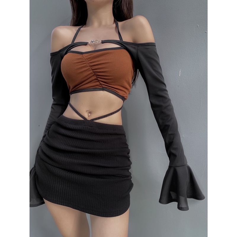 Áo Croptop Phối Lưới Tay Loe