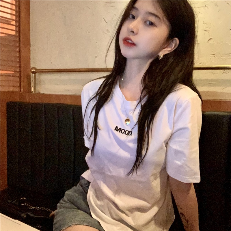 Áo Thun Tay Ngắn Cổ Tròn Thêu Họa Tiết Phong Cách Hàn Quốc Cho Nữ