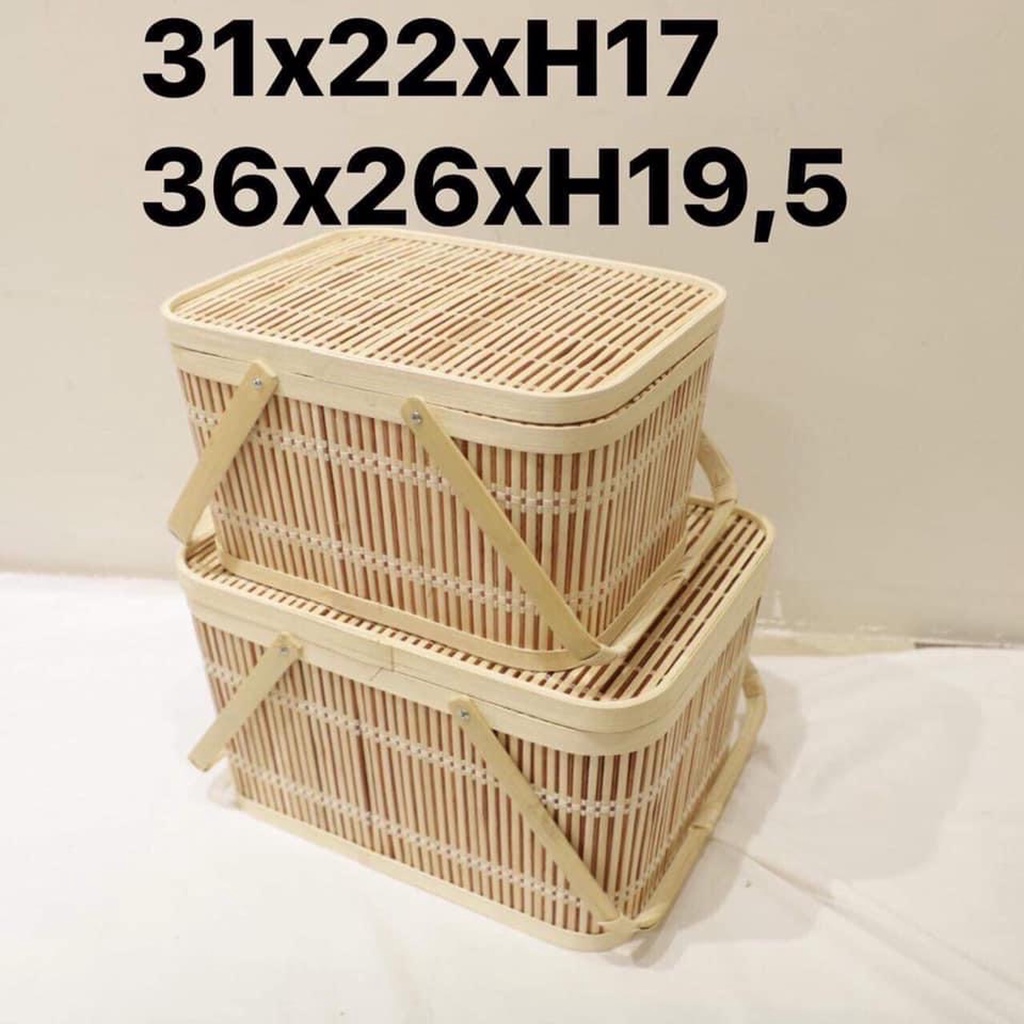 Giỏ picnic mây tre đan hình chữ nhật có quai và nắp vintage. Giỏ đựng đồ bánh kẹo quà Tết trái cây hoa quả