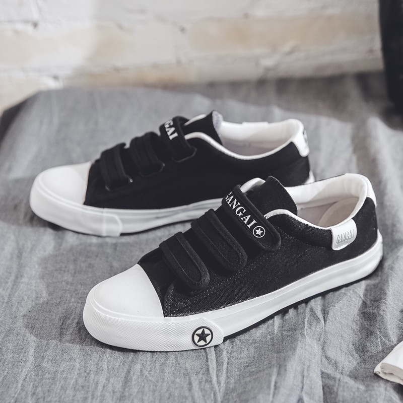 Ielgy Giày canvas Mũi Tròn Đế Phẳng Khóa Dán Phong Cách preppy Cho Nam