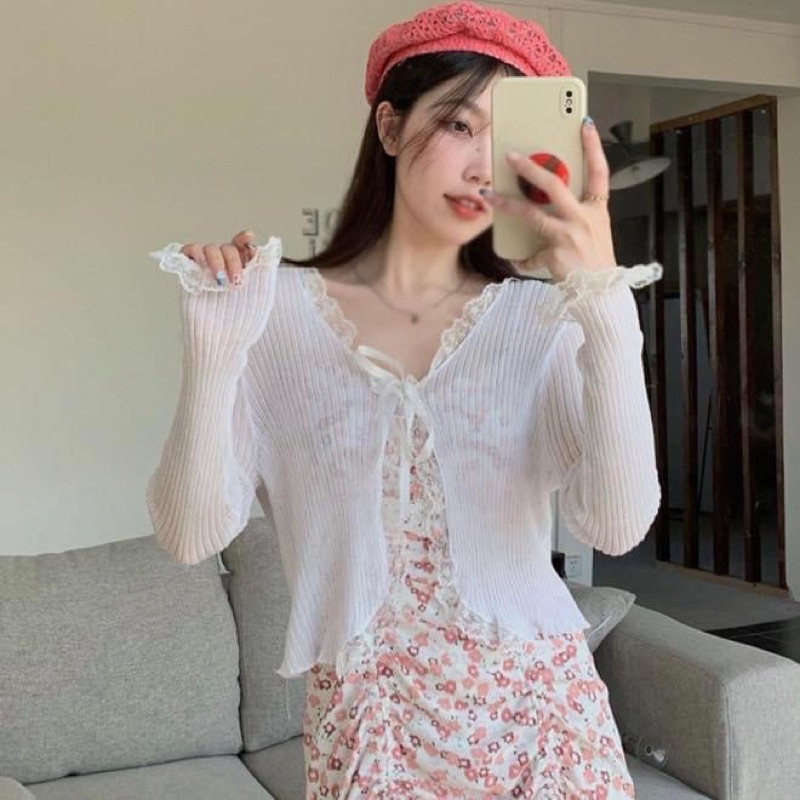 Áo khoác cardigan kiểu nữ thun len mỏng voan phối ren bèo tay dài croptop ôm trơn - Order taobao quảng châu