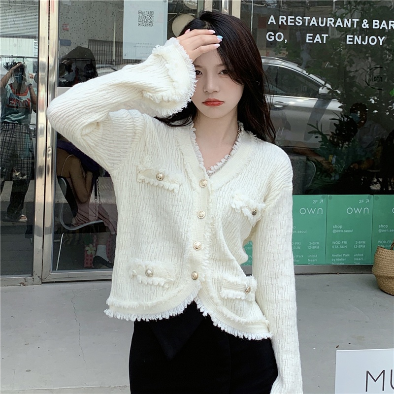 Áo khoác cardigan len nữ lông thỏ mềm mịn tiểu thư phong cách dạ tweed Quảng Châu đen kem Hàn Quốc Kozoda AC62