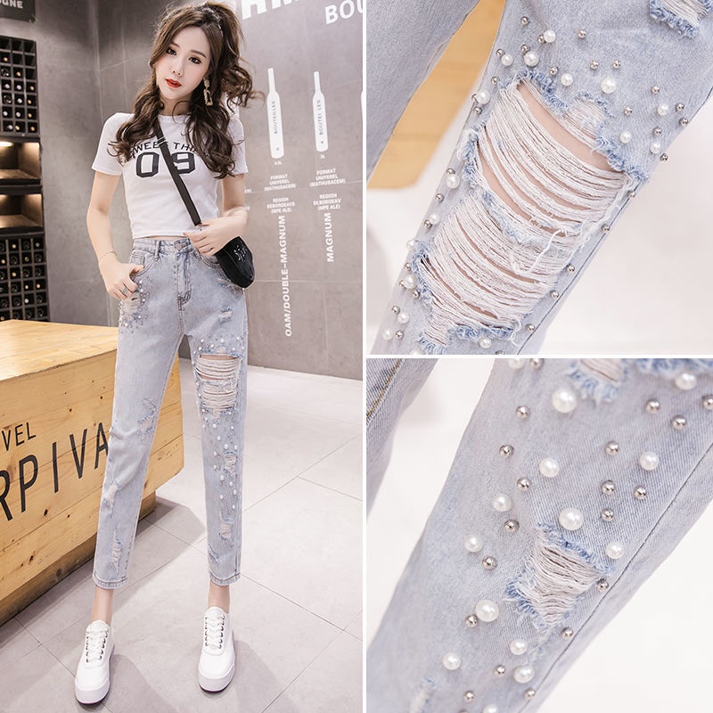 Seluar Quần Jean Dài Chín Tấc Mỏng Đính Hạt Ngọc Trai Phối Rách Thời Trang Mùa Hè Dễ Phối Đồ Cho Nữ