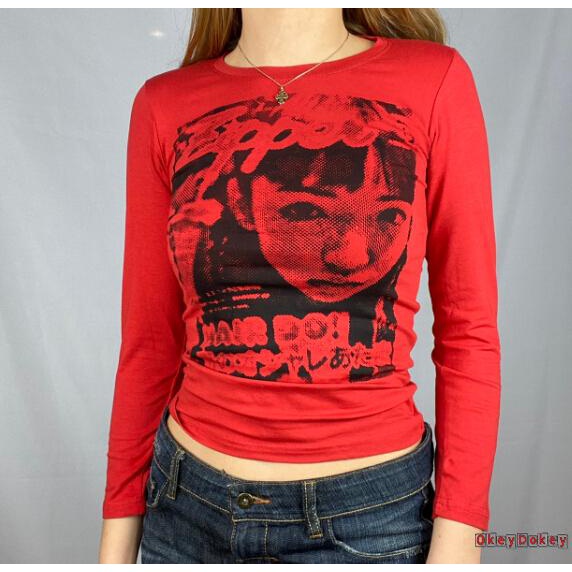 Áo thun tay dài cổ tròn in hình mặt người cá tính