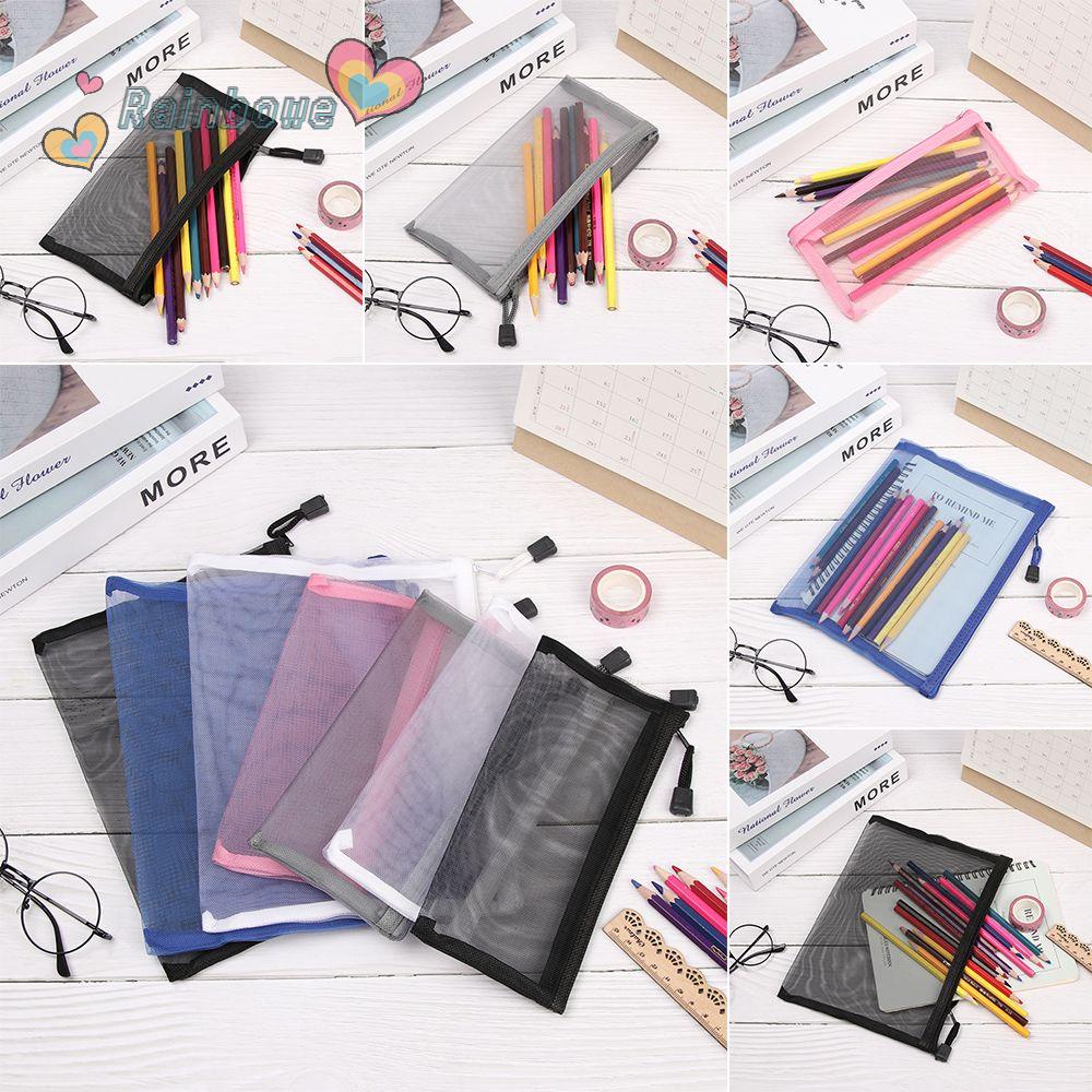 RAINBOW 1pc Gifts Zipper Pencil Case Nylon Transparent Grid Mesh Pen Bag Cosmetic Makeup Fashion Solid Color Stationery Handbags Cosmetic Storage/Multicolor