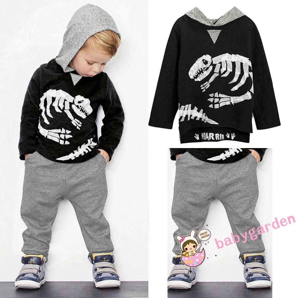 ღ♛ღBaby Kids Boy Dinosaur Hoodies+Grey Pants Outfit Set