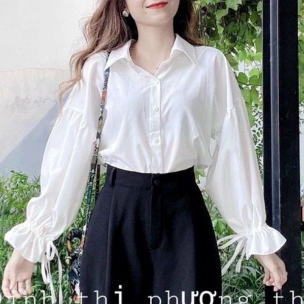 Áo sơ mi tay phồng CỔ BẺ CỘT NƠ rút dây xinh xắn ❤ | BigBuy360 - bigbuy360.vn