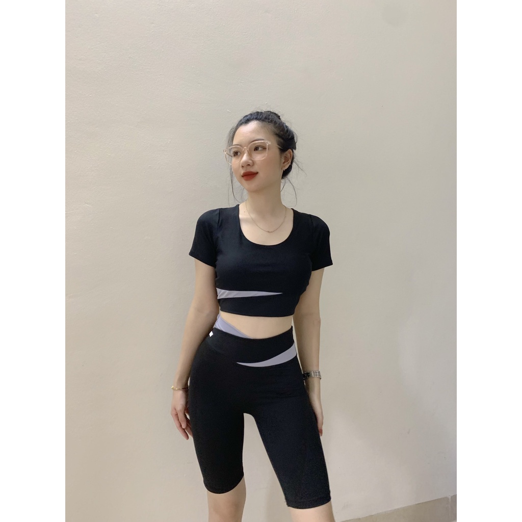Bộ quần áo tập gym nữ phối 2 màu, đồ thể thao yoga, erobic nữ áo có tay kèm mút đệm ngực )