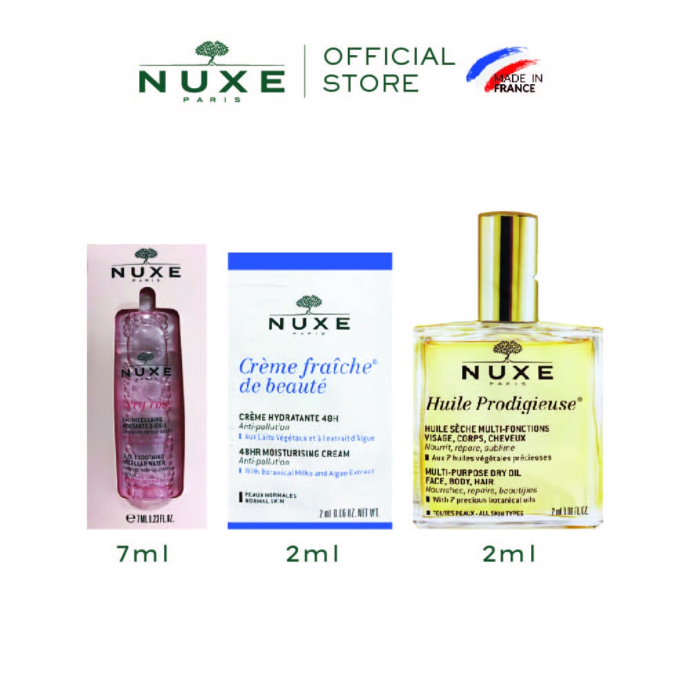 Bộ trial kit 3 sản phẩm trải nghiệm Nuxe (Micellar Water 7ML + Moisturising Cream 2ML + Multi-purpose Dry Oil 2ML)