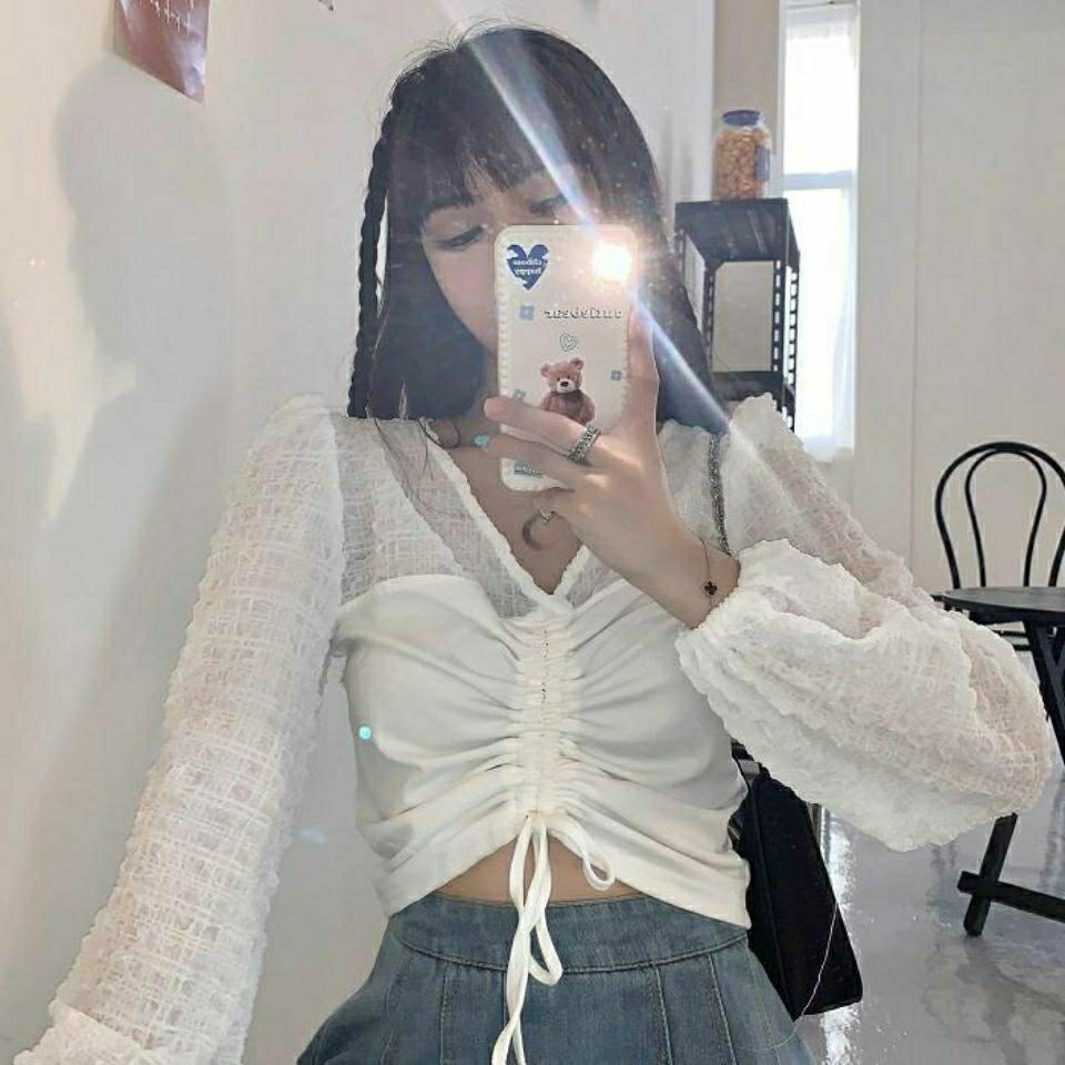 Korean style top, contrast color fashion Korean style drawstring, slim long-sleeved shirt