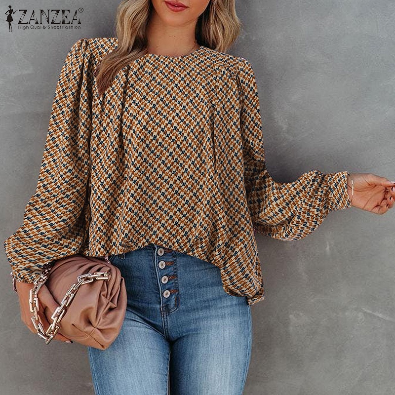 Áo kiểu ZANZEA cổ tròn tay phồng in họa tiết phong cách retro thời trang cho nữ