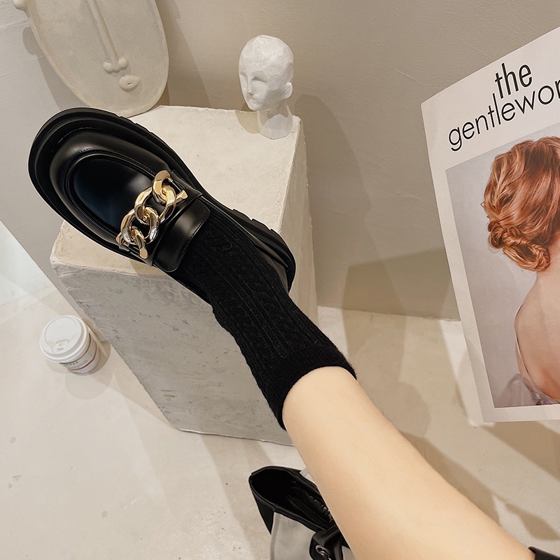 ❤Giày Lười Da Mũi Vuông Đế Dày Phối Dây Xích Kim Loại Kiểu Retro Nhật Hàn Dễ Phối Đồ Cho Học Sinh