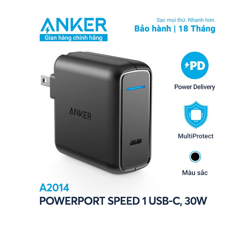 Bộ sạc cáp Anker PowerPort Speaed 1 USB-C, 30w - A2014 kèm cáp C to C