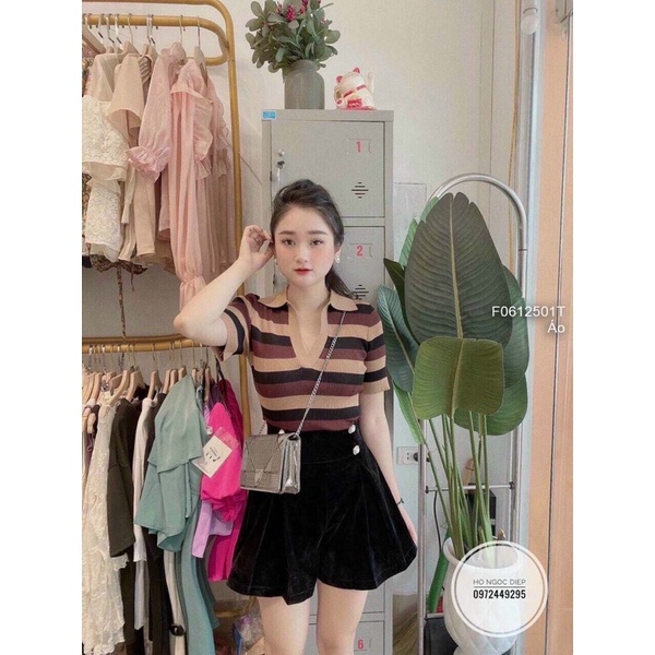 Áo len sọc phối màu cổ tim bẻ tay con hàng QC!