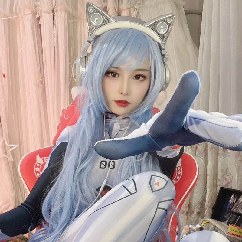 Bộ Tóc Giả Xoăn Dài Bằng EVA Màu Xanh Dương Chịu Nhiệt Kèm Mũ Hóa Trang Nhân Vật Ayanami Rei 100cm