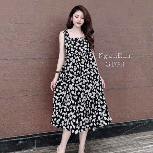 váy 2 dây vintage hoa cúc dáng xòe 3 màu điệu đà