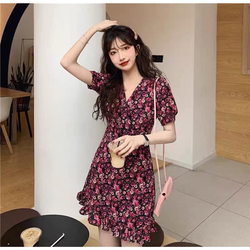Đầm nữ thời trang dạo phố hoa tím xanh cam đỏ trắng cổ V bèo chân váy EUDORA DRESS