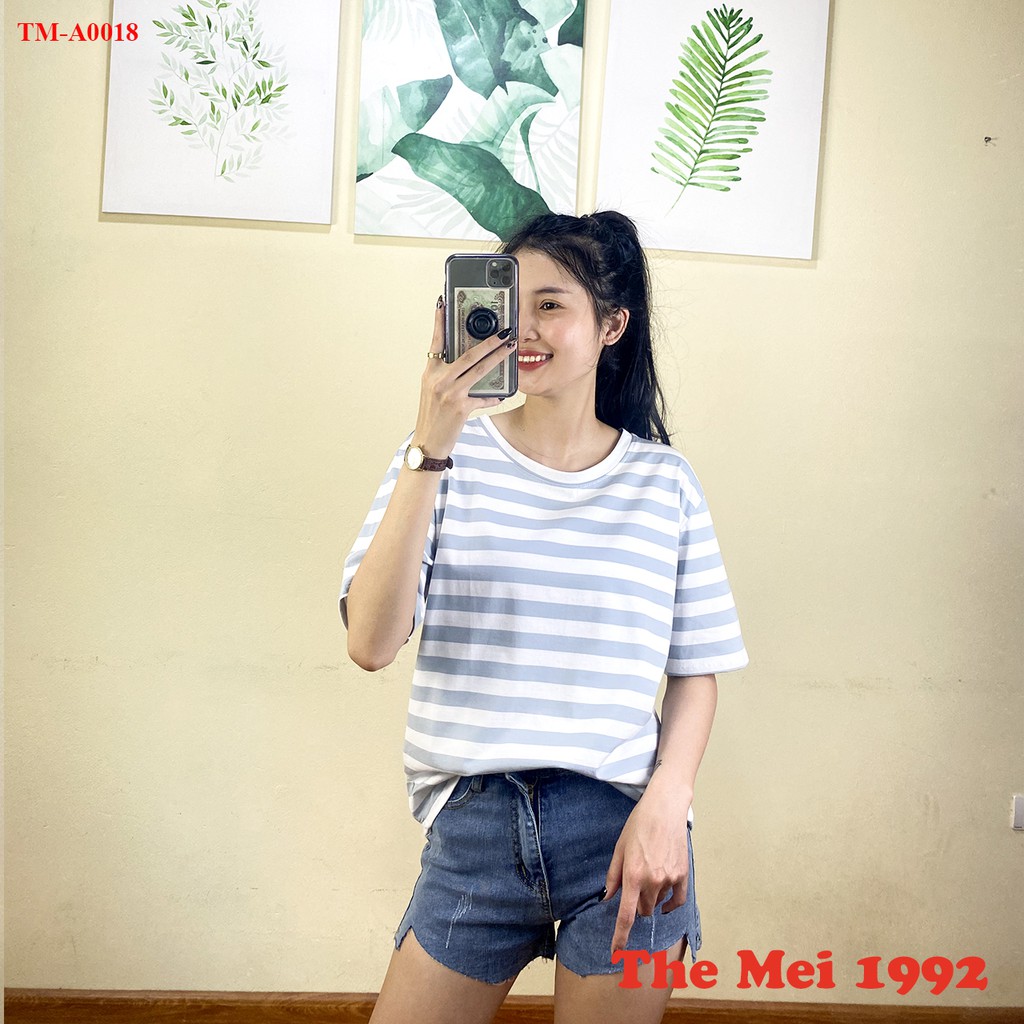 Áo phông tay lỡ The Mei 1992- Áo thun nữ form rộng cotton kẻ ngang bản nhỏ cổ tròn siêu mát