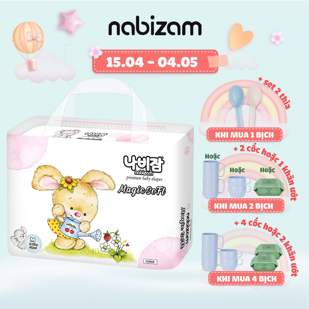 Set 2 Miếng Tã/Bỉm Dán NABIZAM Magic Soft Mỏng Nhẹ, Êm Ái Chống Tràn Size NB50/S44/M40/L36/XL32 Cho Bé Từ 3-15kg