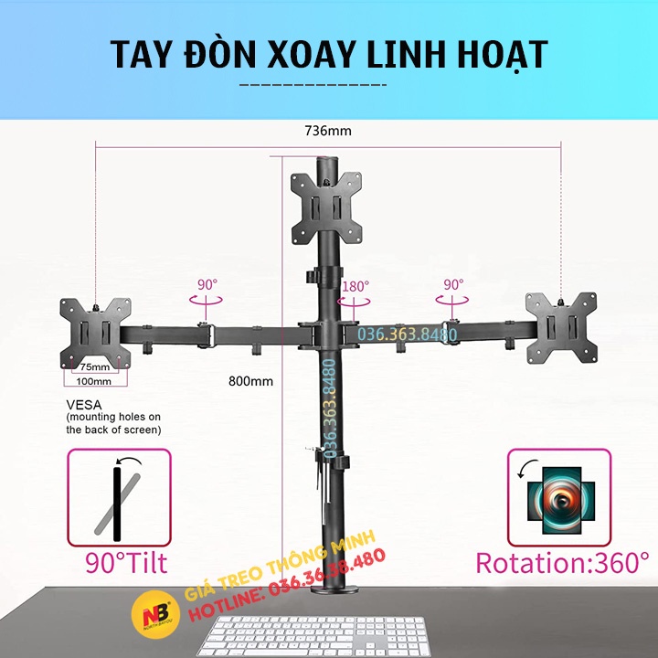 Giá Treo 3 Màn Hình Xếp Trên Dưới M053 Cao Cấp 17-27 Inch / Tải Trọng 8Kg - Trụ 80Cm - Lắp Đặt Kẹp Bàn