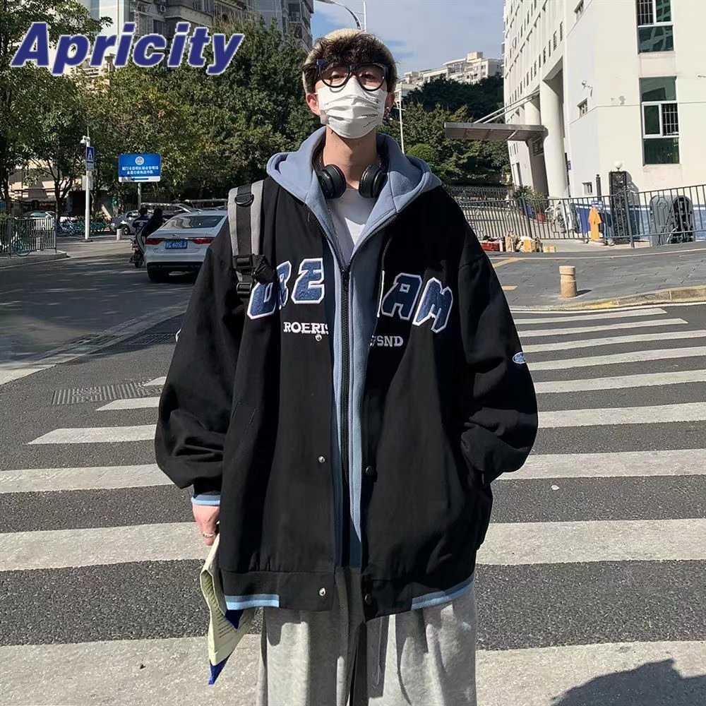Aprilicity Áo Khoác Bóng Chày Có Mũ Trùm Đầu Giả Hai Lớp Phong Cách Đường Phố Mỹ Mùa Thu Cho Nam