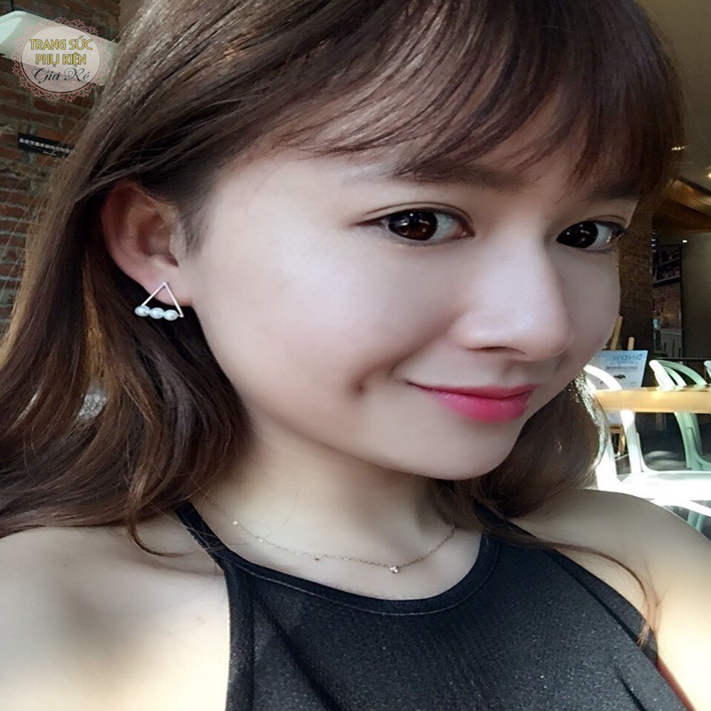 Bông tai nữ hình tam giác 3 hạt châu xinh xắn HT144, S925