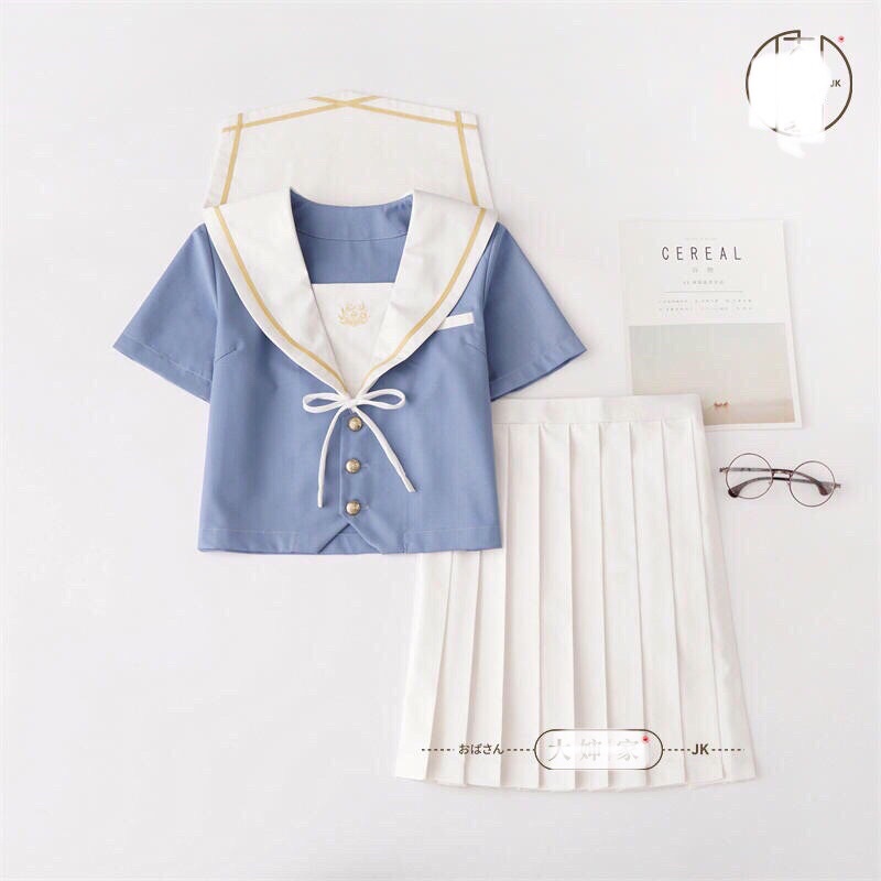 YAS0756-Set đồng phục Nhật JK hoa anh đào áo xanh váy trắng