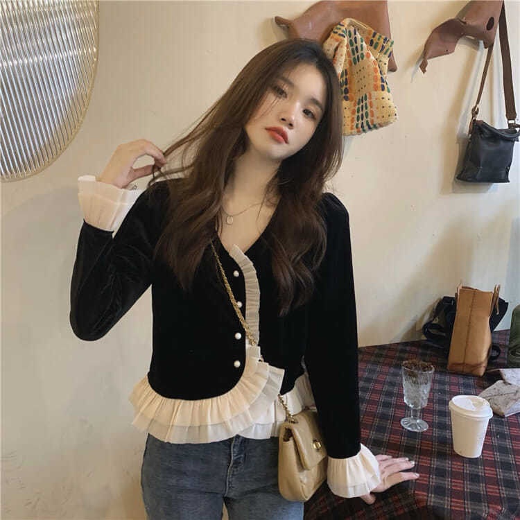 Áo Nhung Dài Tay Phong Cách Retro Pháp Cho Nữ