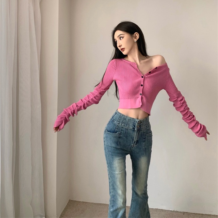 Bộ Áo Dệt Kim Dài Tay + Quần Denim Lưng Cao Thời Trang Dành Cho Nữ
