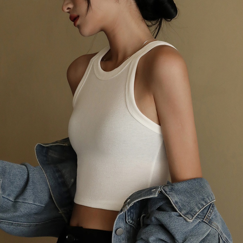 Xiangbao Áo Crop Top Dệt Kim Không Tay Hở Vai Màu Trơn Thời Trang Mùa Hè Dành Cho Nữ