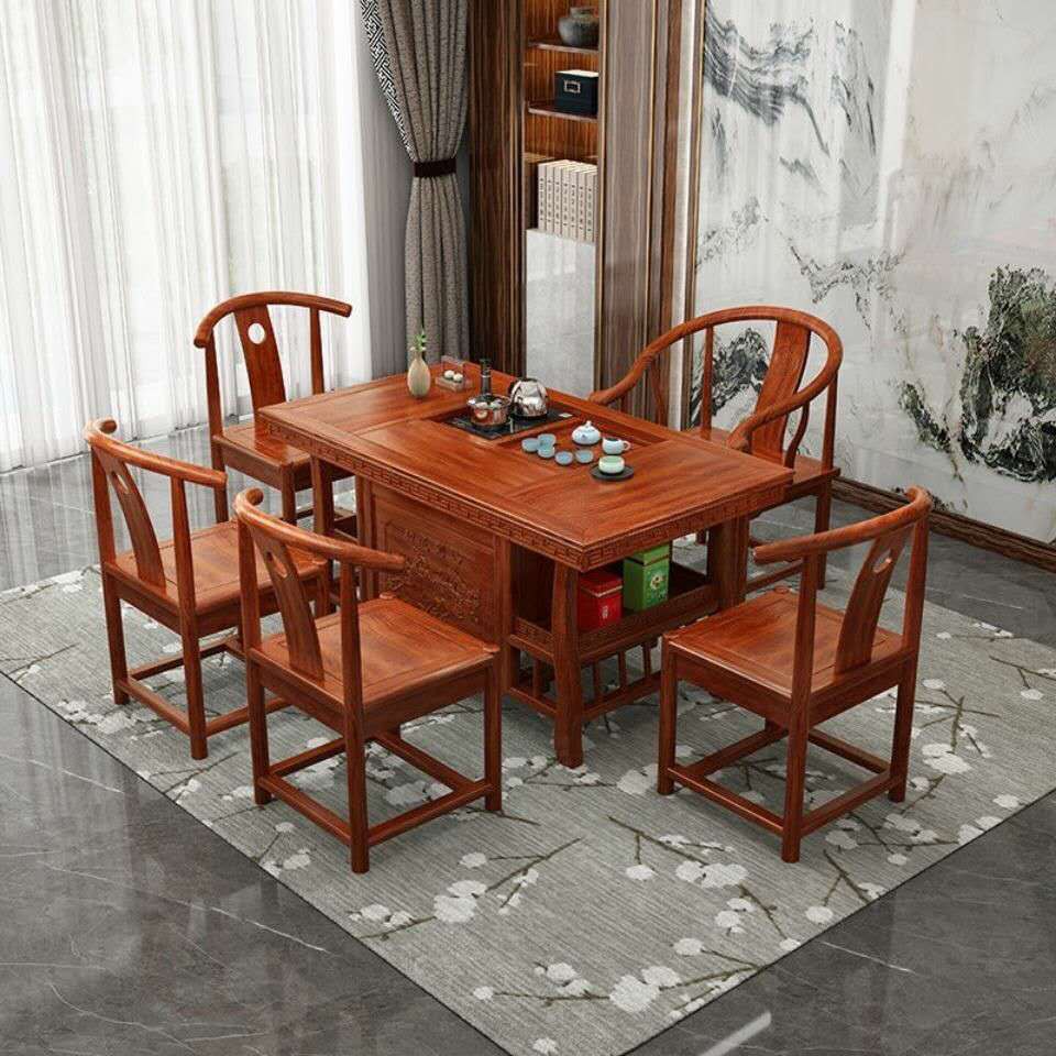 [Phiên bản dày] Ghế gỗ nguyên khối kết hợp bàn trà Kung Fu cổ 1.5 mét cà phê văn phòng South Elm