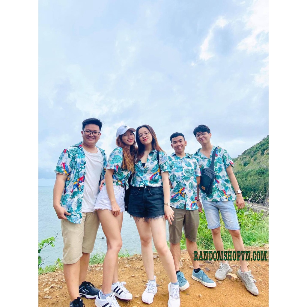 Áo sơ mi hoa lá chim cò đi biển, chất đũi mềm mát nam nữ mặc đẹp