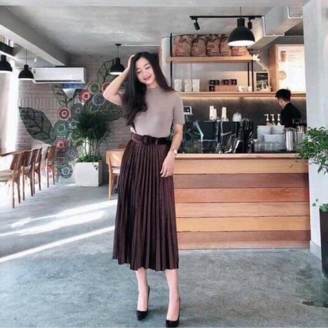 HOT Chân váy nhung xếp ly kèm đai dáng dài siêu hot hit