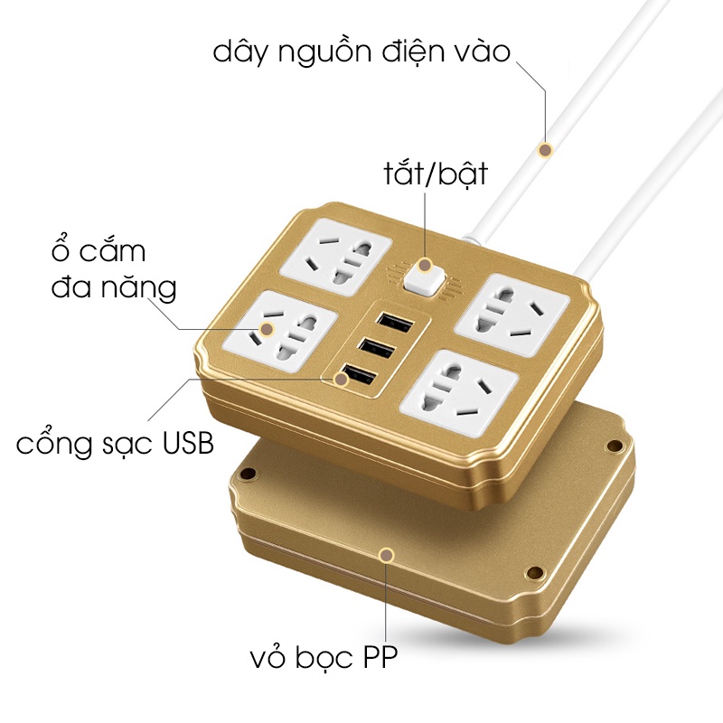 Ổ cắm điện dây sát tại nguồn chia 4 ổ và 3 chân usb