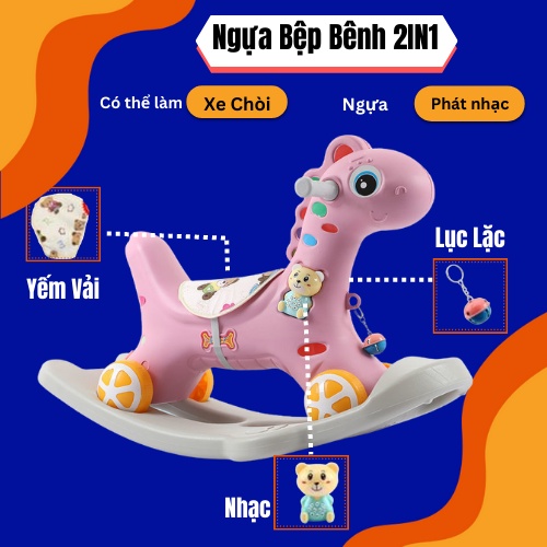 Ngựa bập bênh 2 in 1, Xe Chòi Chân cho bé có thể phát nhạc, tặng kèm lục lặc, yếm