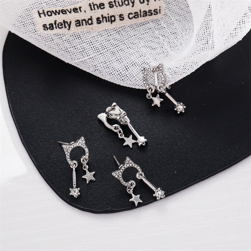 Khuyên tai kẹp không bấm lỗ chốt cố định K004 bằng hợp kim mạ bạc đính đá hình tai mèo dáng ngắn Leous Accessories