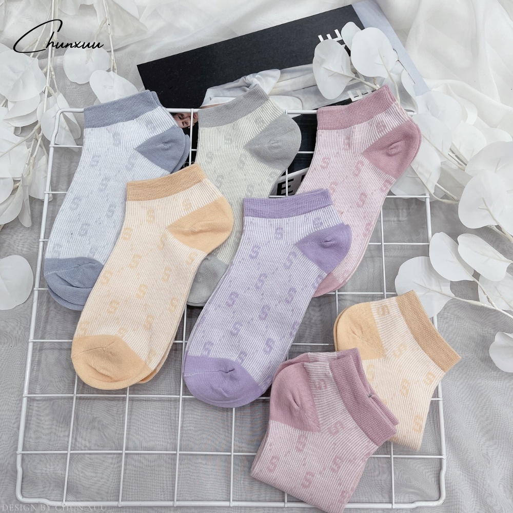 Tất nữ cổ ngắn vải cotton co dãn chống trơn họa tiết chữ S nhiều màu - T11