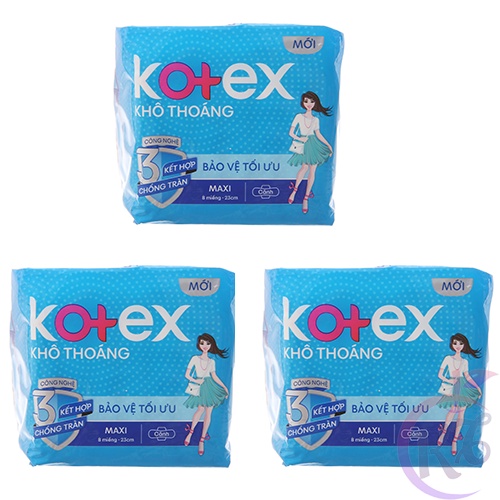 Combo 3 gói Kotex Dày Cánh gói 8 miếng 23cm - băng vệ sinh khô thoáng siêu thấm hút chống tràn loại Có Cánh