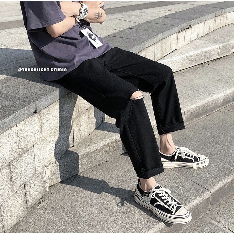 Quần jean baggy rách nam, quần bò đen ống suông rộng rách Gấu+Rách gối basic RĐ-01 - Hàng nhập khẩu