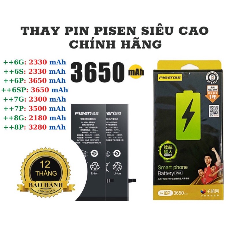 [ BẢO HÀNH 1 NĂM ] PIN PISEN DUNG LƯỢNG CAO PRO CHO IPHONE CÁC MÃ TỪ 6-7P