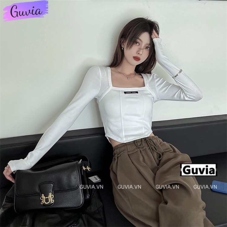 Áo Croptop Nữ Cổ Vuông Tay Dài LOGO NGỰC Đẹp Ôm Body, Áo Thun Croptop Kiểu Dài Tay GUVIA CR12