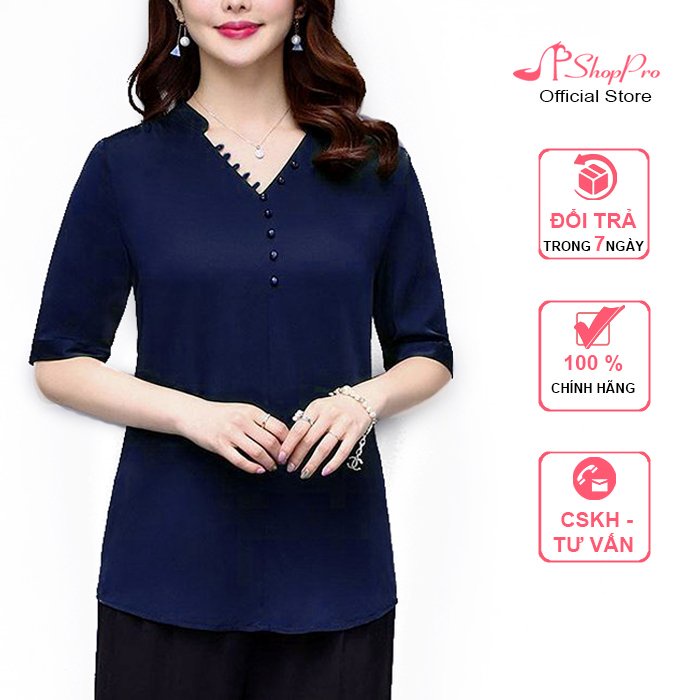 SHOPPRO - ÁO SƠ MI TRUNG NIÊN - ÁO KIỂU TRUNG NIÊN - ÁO SƠ MI QUÝ BÀ TAY LỠ ĐIÍNH NÚT CỔ 3A06 3A02 3A13