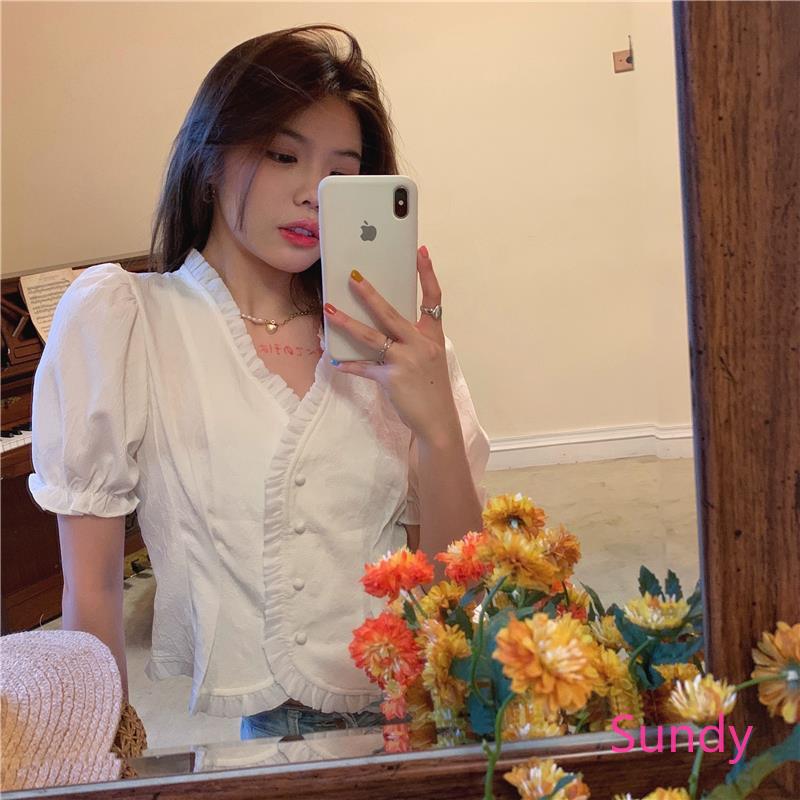 Áo croptop tay ngắn phong cách retro xinh xắn cho nữ