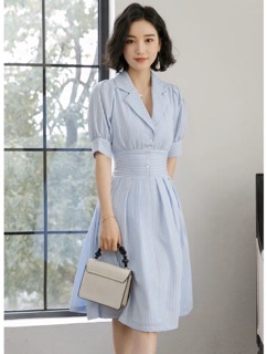 Đầm váy freesize SM sọc xanh bo eo