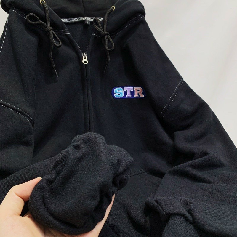 Áo khoác nỉ nam nữ STR hoodie full zip đen trắng kem form rộng bo gấu tay phồng hàn quốc áo khoác ulzzang
