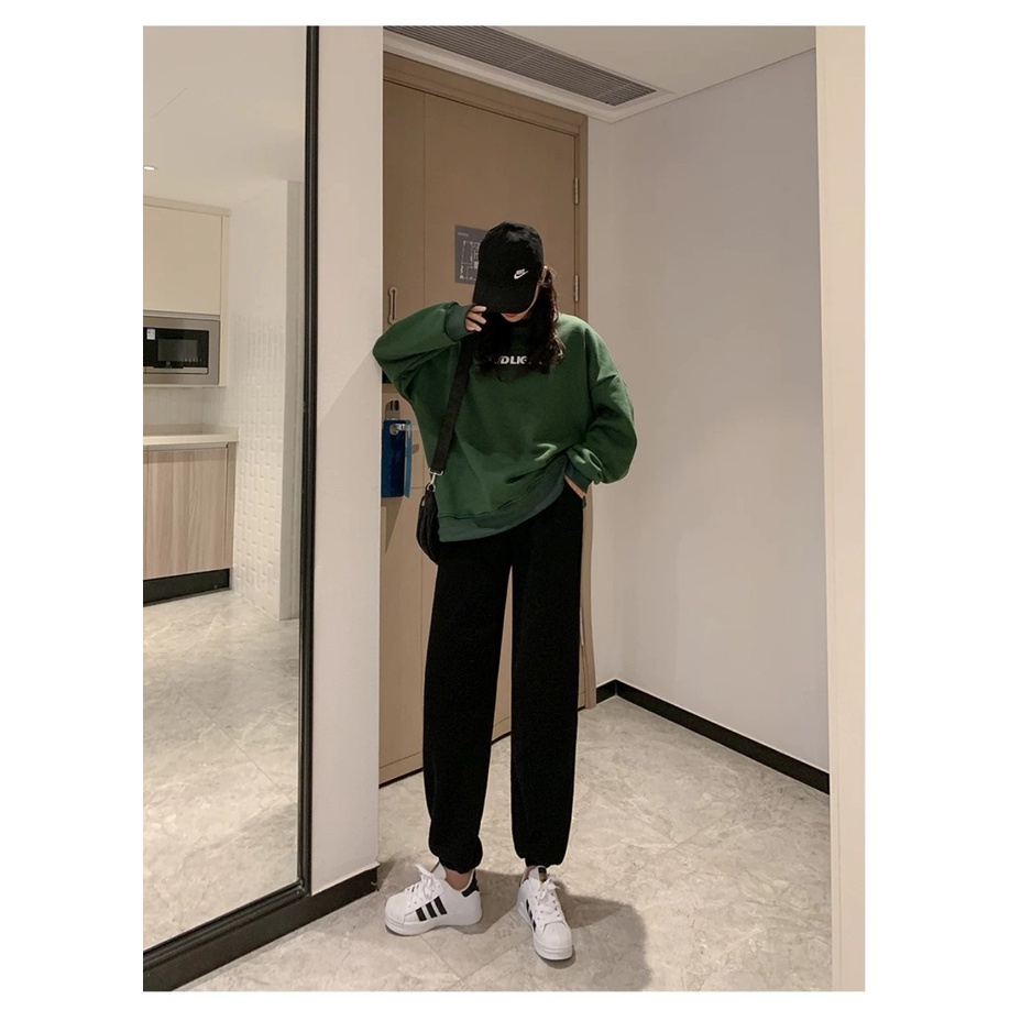 Quần jogger nữ ống rộng bo gấu trơn vải nỉ bông dây rút màu đen - Quần bom ống rộng nữ thun jogger mặc ở nhà thu đông