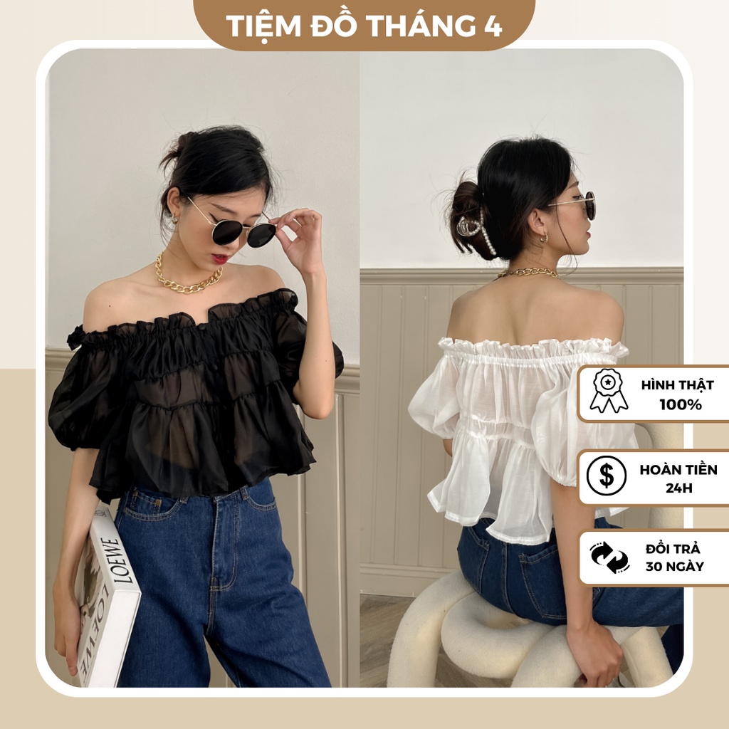 Áo Kiểu Croptop Nữ Trễ Vai Phối Quần Ống Suông 2022, Áo Trễ Vai Nữ Đẹp Kiểu Voan Tơ Mặc Với Quần Loe Dài Mới CALI TOP