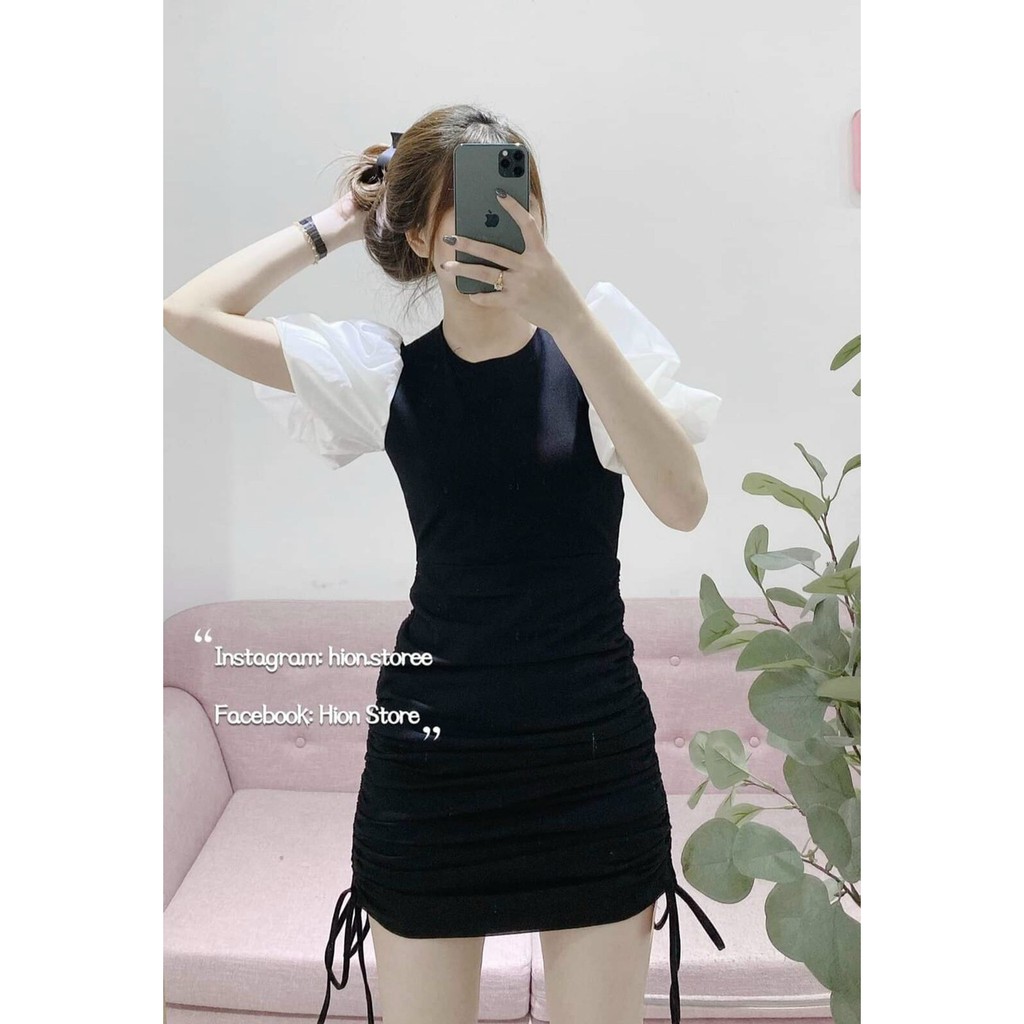 Đầm body tay phồng rút dây hai bên hông xinh xắn