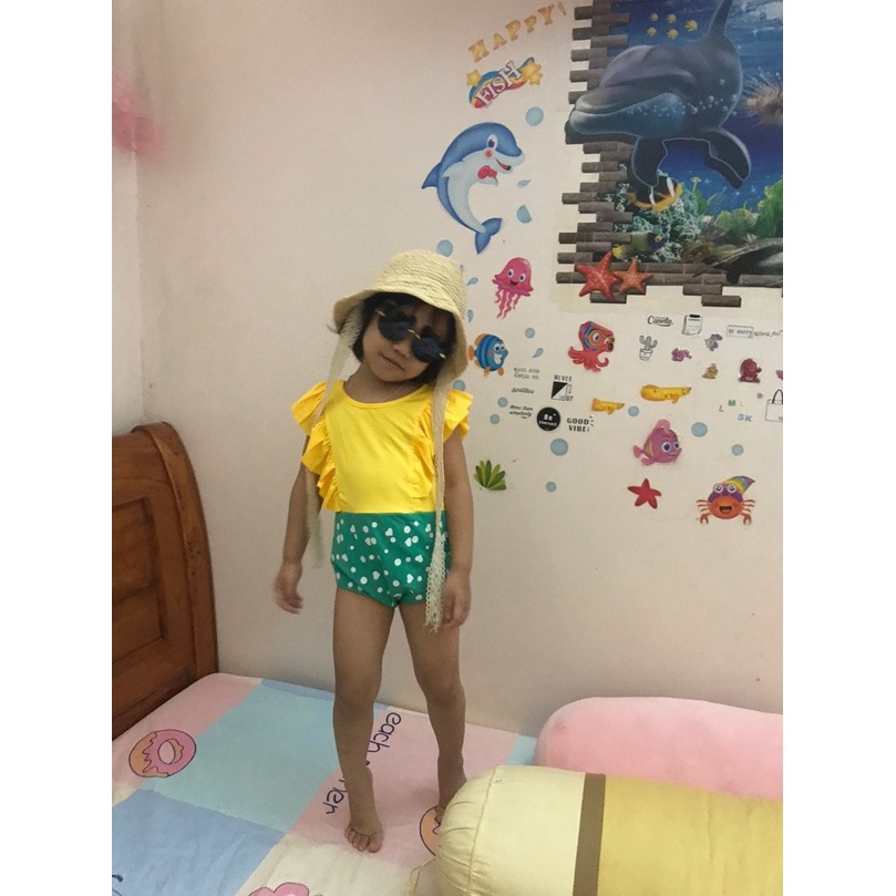 Set bộ bơi liền thân 1 mảnh tay bèo phối chấm bi dễ thương cho bé gái 10 đến 22kg